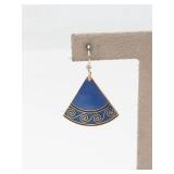 Blue Enamel Fan Earrings With Gold Scrollwork