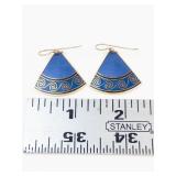 Blue Enamel Fan Earrings With Gold Scrollwork