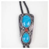 Bennett Turquoise & Coral Sterling Silver Leather Bolo Tie Necklace **Est. Replacement Value $400**