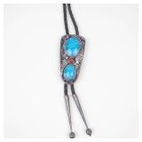 Bennett Turquoise & Coral Sterling Silver Leather Bolo Tie Necklace **Est. Replacement Value $400**