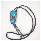 Bennett Turquoise & Coral Sterling Silver Leather Bolo Tie Necklace **Est. Replacement Value $400**