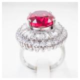 GJW Sterling Silver Created Pink Ruby & CZ Ring Size 8