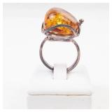Sterling Silver Amber Open Shank Ring. Size 8