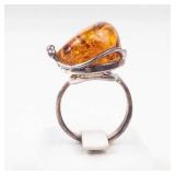 Sterling Silver Amber Open Shank Ring. Size 8