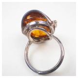Sterling Silver Amber Open Shank Ring. Size 8