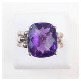 Amethyst Checkered Cushion Cut Sterling Silver Ring Size 5.75