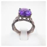 Amethyst Checkered Cushion Cut Sterling Silver Ring Size 5.75