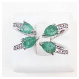 STS Unique Sterling Silver Emerald & Diamond Open Shank Ring Size 9