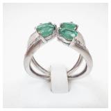 STS Unique Sterling Silver Emerald & Diamond Open Shank Ring Size 9