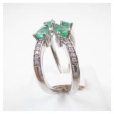 STS Unique Sterling Silver Emerald & Diamond Open Shank Ring Size 9