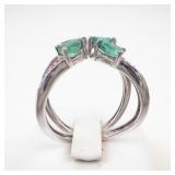 STS Unique Sterling Silver Emerald & Diamond Open Shank Ring Size 9