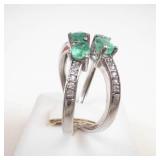 STS Unique Sterling Silver Emerald & Diamond Open Shank Ring Size 9