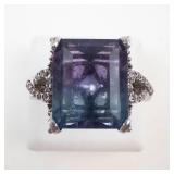TJC Sterling Silver Emerald Cut Blue and Purple Gemstone & CZ's. Ring Size 9