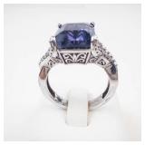 TJC Sterling Silver Emerald Cut Blue and Purple Gemstone & CZ's. Ring Size 9