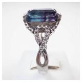 TJC Sterling Silver Emerald Cut Blue and Purple Gemstone & CZ's. Ring Size 9