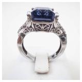 TJC Sterling Silver Emerald Cut Blue and Purple Gemstone & CZ's. Ring Size 9