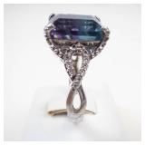TJC Sterling Silver Emerald Cut Blue and Purple Gemstone & CZ's. Ring Size 9