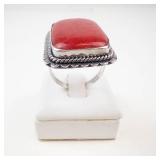 Large Sterling Silver Red Coral Ring Size 8.5