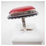 Large Sterling Silver Red Coral Ring Size 8.5