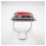 Large Sterling Silver Red Coral Ring Size 8.5