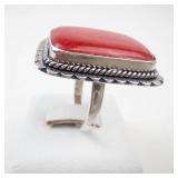 Large Sterling Silver Red Coral Ring Size 8.5