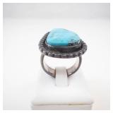 Hallmarked Large Beautiful Vintage Patina Turquoise Sterling Silver Ring Size 9.25