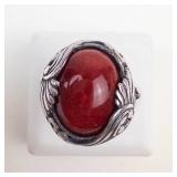 Ornate Coral Sterling Silver Statement Ring Size 8