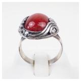 Ornate Coral Sterling Silver Statement Ring Size 8