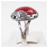 Ornate Coral Sterling Silver Statement Ring Size 8