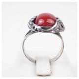 Ornate Coral Sterling Silver Statement Ring Size 8