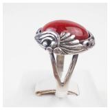 Ornate Coral Sterling Silver Statement Ring Size 8