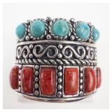 Gorgeous Sterling Silver Turquoise & Coral Ring Size 7.5-7.75
