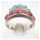 Gorgeous Sterling Silver Turquoise & Coral Ring Size 7.5-7.75