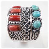 Gorgeous Sterling Silver Turquoise & Coral Ring Size 7.5-7.75