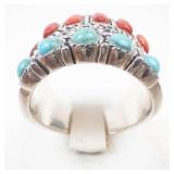 Gorgeous Sterling Silver Turquoise & Coral Ring Size 7.5-7.75