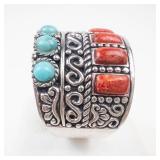 Gorgeous Sterling Silver Turquoise & Coral Ring Size 7.5-7.75