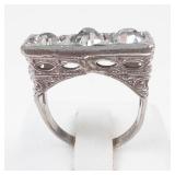Silver Tone Antique Style Rhinestone Ring. Size 5.