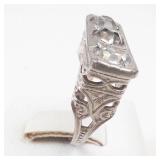 Silver Tone Antique Style Rhinestone Ring. Size 5.