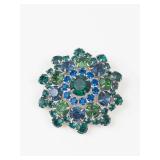 Silver Tone Multi Colored Blue & Green Rhinestone Starburst Brooch