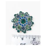 Silver Tone Multi Colored Blue & Green Rhinestone Starburst Brooch