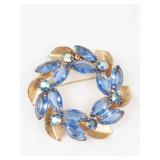Blue Rhinestone Gold-Tone Wreath Style Brooch