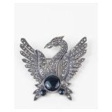 Sterling Silver Marcasite & Onyx Phoenix Brooch Pin
