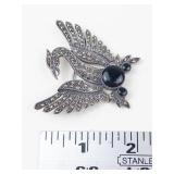 Sterling Silver Marcasite & Onyx Phoenix Brooch Pin