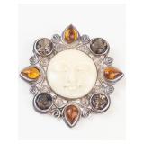 Sajen Sterling Silver Moon Face Brooch With Amber & Smoky Quartz