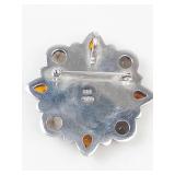 Sajen Sterling Silver Moon Face Brooch With Amber & Smoky Quartz