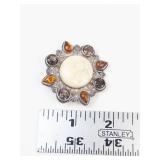 Sajen Sterling Silver Moon Face Brooch With Amber & Smoky Quartz
