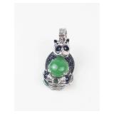 Unique!! Sterling Silver Panda Pendant Enhancer With Green Jade & Spinel
