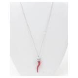 Sterling Silver Red Cornicello Italian Pendant Necklace