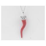 Sterling Silver Red Cornicello Italian Pendant Necklace