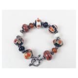 Sterling Silver Orange & Black Glass Bead Bracelet